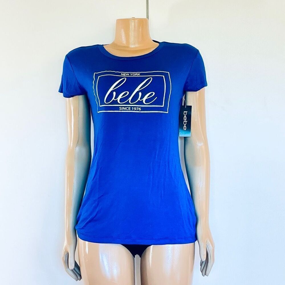 NWT Gorgeous bebe New York Sz L Navy Blue Seamless Stretchy Short Sleeve T-Shirt - Picture 1 of 12